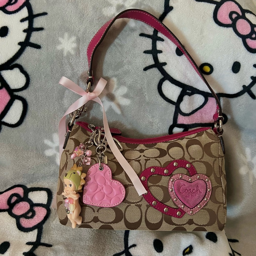 Vintage Coach Brown and Pink Heart Monogram Bag